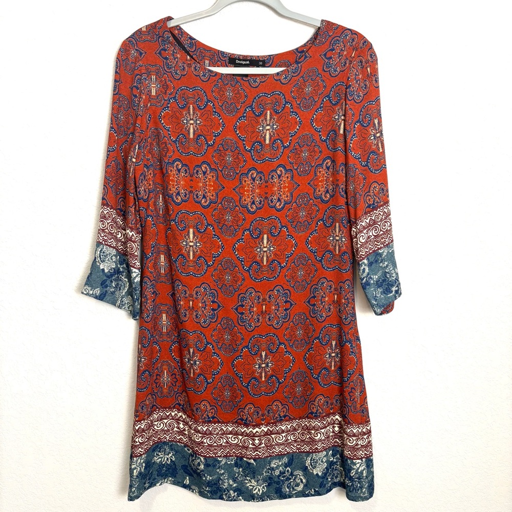 Desigual Tina Red & Blue Floral Paisley Print Shift Mini Dress Women’s 38 Boho